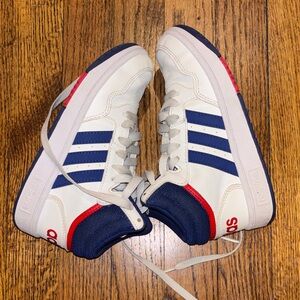 Adidas Kids White and Blue Sneakers with Red Accents